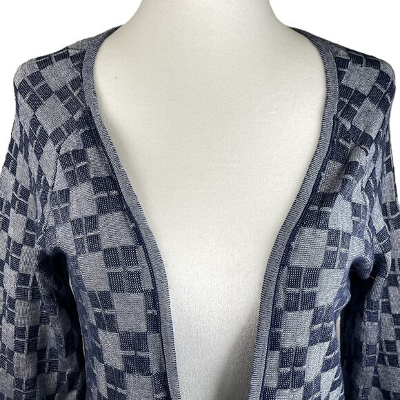 HWR‎ Anthropologie Cardigan Small Navy Gray Checkerboard Silk Cotton Blend - Picture 3 of 15